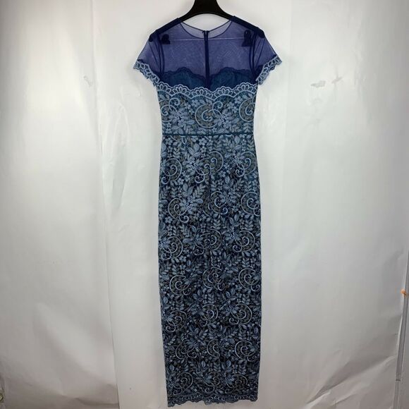 JS Collections Blue Metallic Illusion Yoke Scroll Embroidered Gown NWOT Size 2 - Picture 8 of 12
